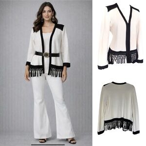 Chico's Knit Open Front  off white‎ Blazer Sweater Size 1 Black Fringe Hem